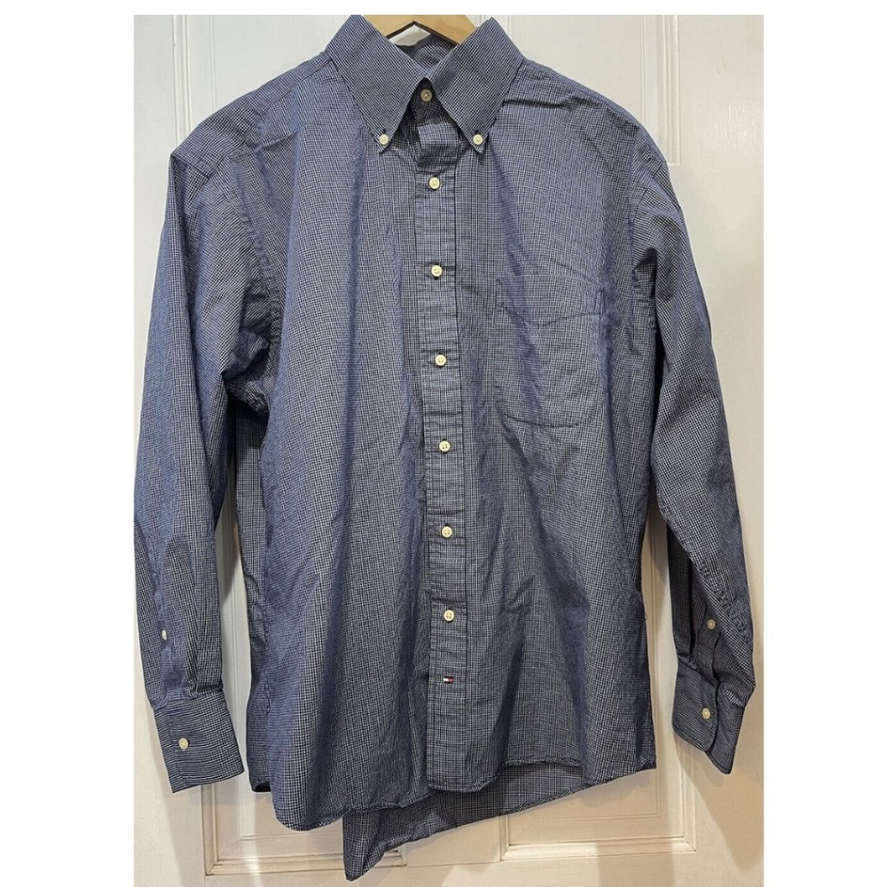 Tommy Hilfiger Blue White Small Check Long Sleeve Button Down SZ L (16 32-33)